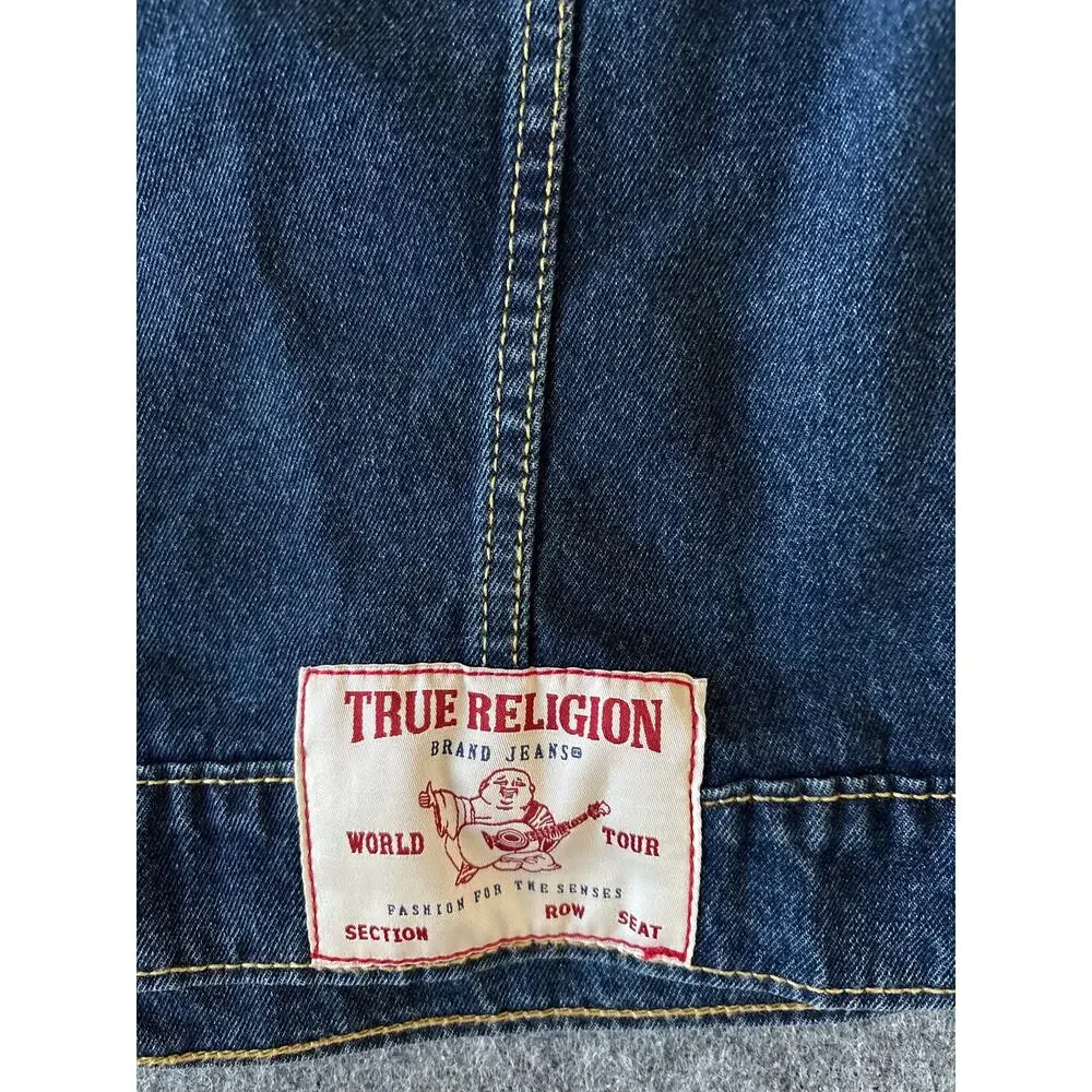 True Religion World Tour Jimmy Super T Blue Jean Jacket Mens Sz M Dark Wash Blue